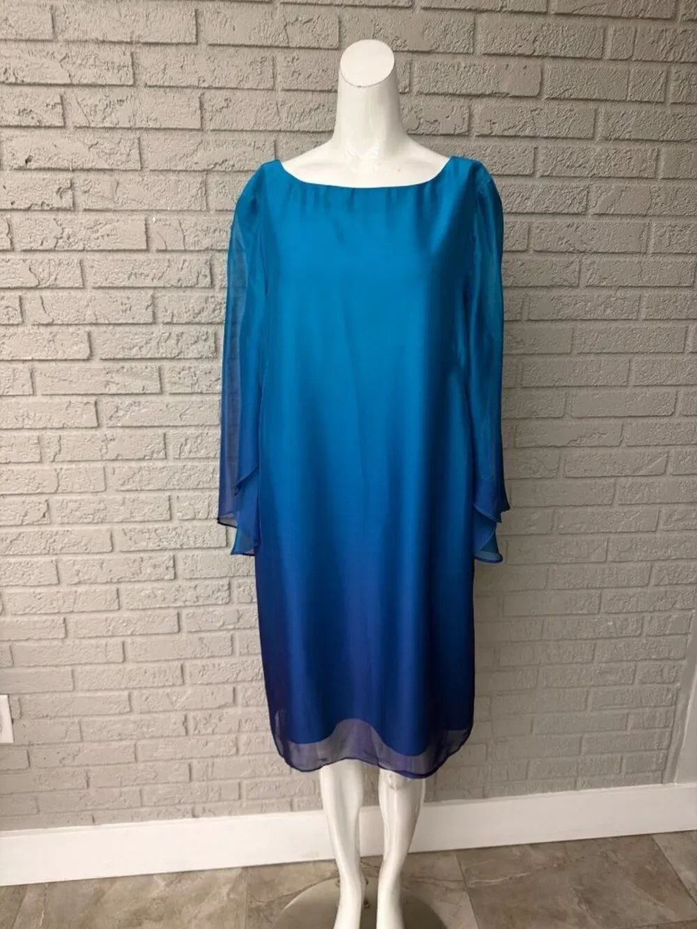 Tahari ASL Women’s Teal Blue Ombre Flutter Kimono-Style Sleeve Dress Size 16
